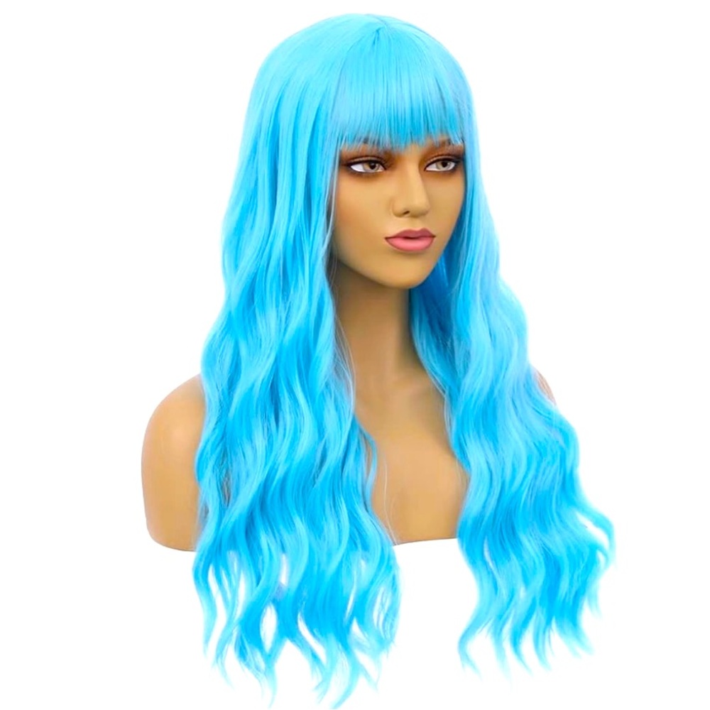 23 Inches Blue Wig Long Curly Wig with Bangs Synthetic